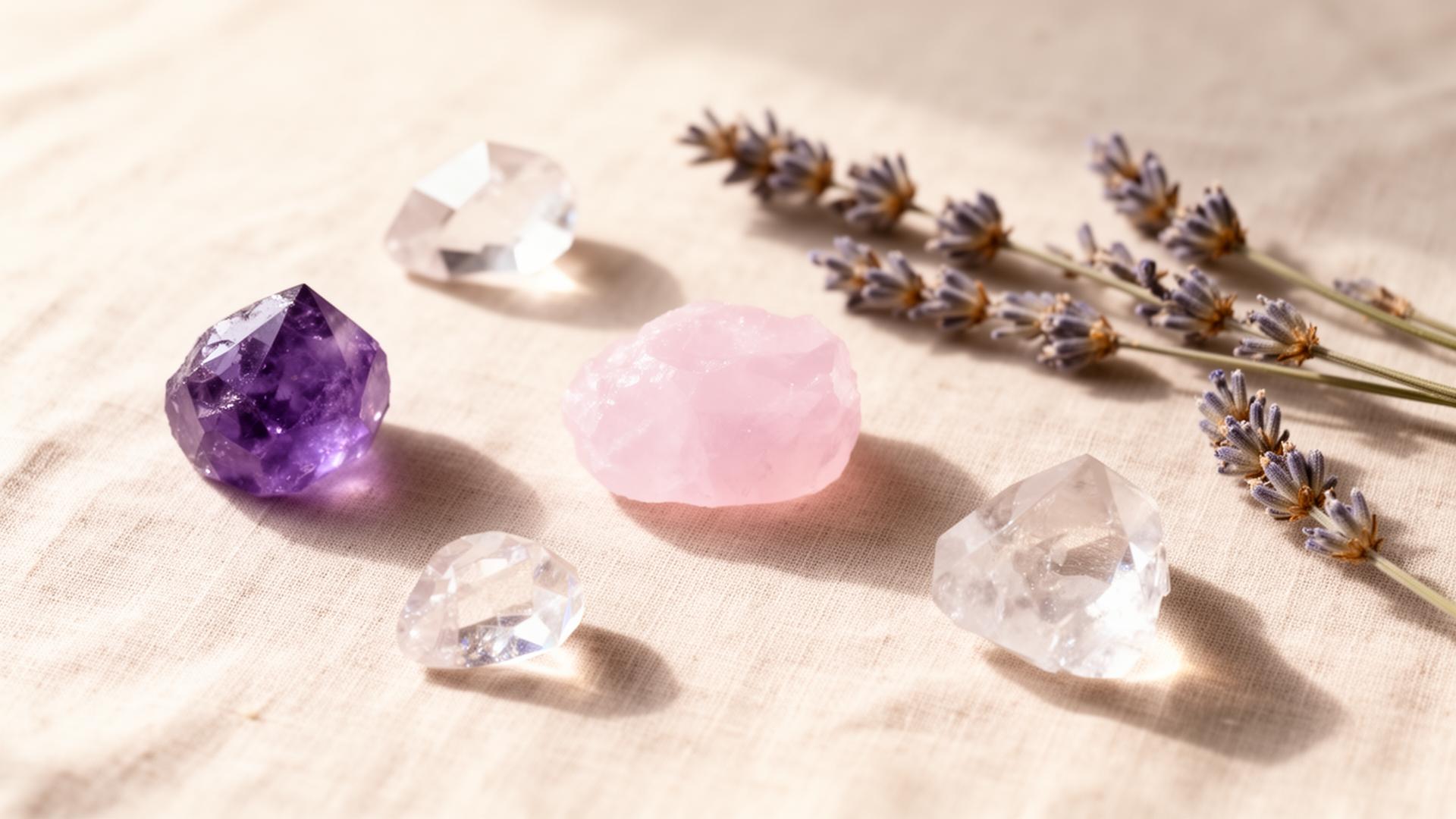 Pierres naturelles — améthyste, quartz rose, cristal
